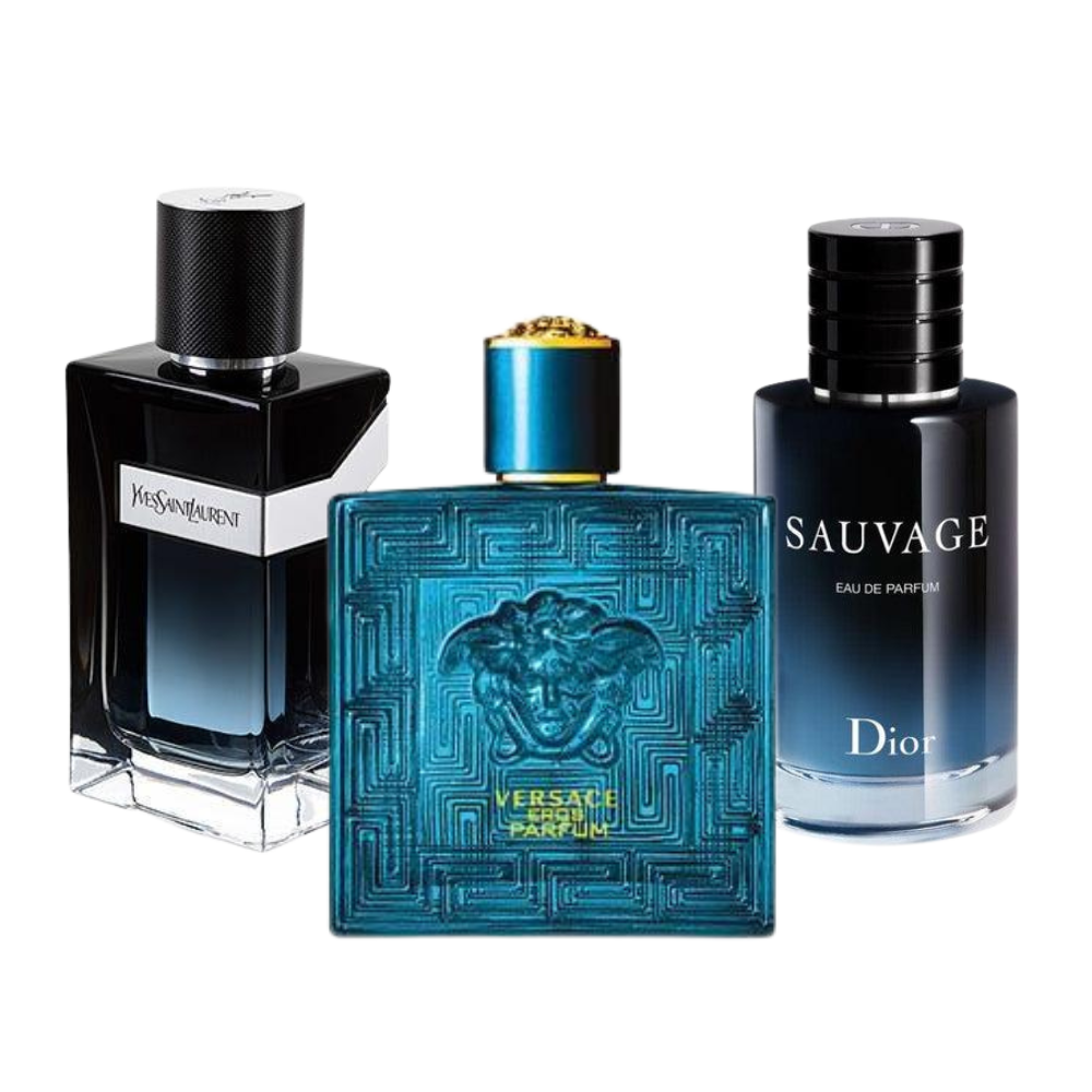 3 parfums Dior SAUVAGE, Yves Saint Laurent Y MEN und Versace EROS - Eau de Toilette- Herrenparfum