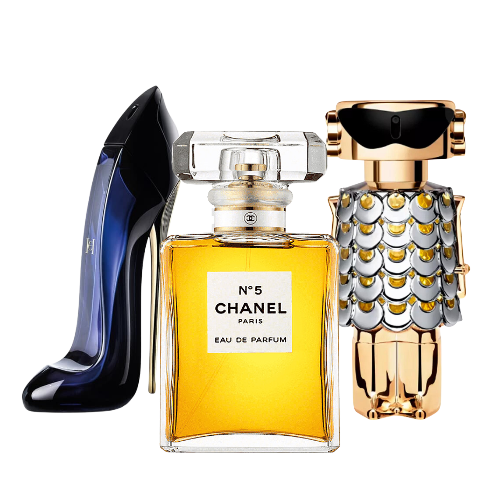 3 Parfums Carolina Herrera GOOD GIRL, Chanel Nº5 und Paco Rabanne FAME - Eau de Toilette - Damenparfum